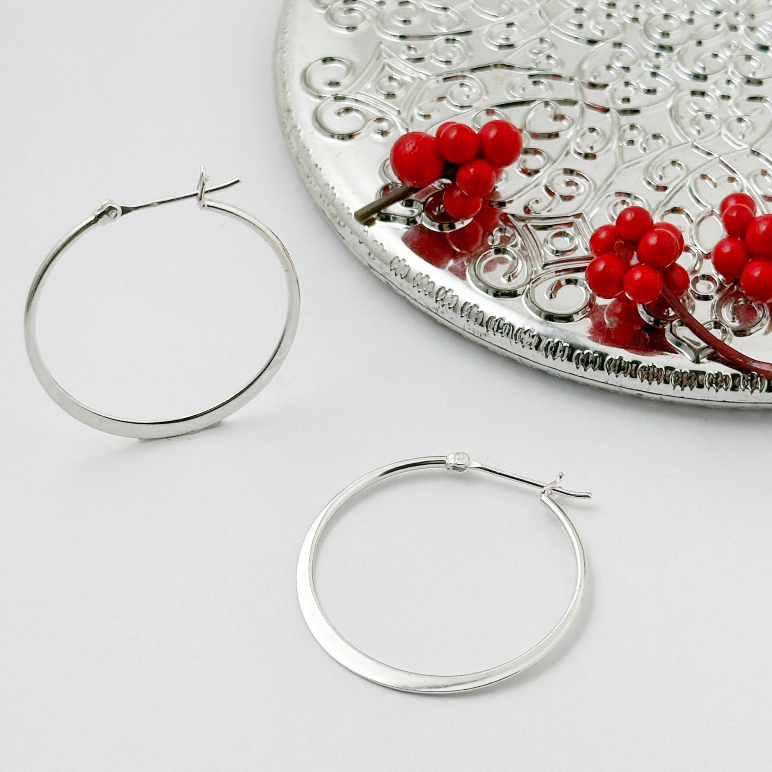 シンプル フラット & スリム フープ ピアス 直径3.5cm　リトルラグーン鎌倉